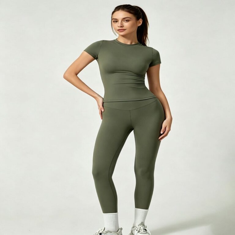 Yoga Set Cross-Border Women‘s Activewear Set | Short Sleeve Top & Full-Length Yoga Pants — Style 25347