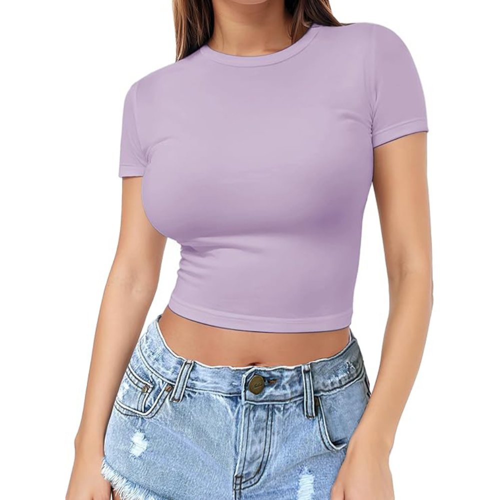 Light purple cropped round-neck tee showing shoulder and hem shape